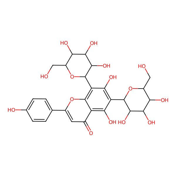 2D Structure of 5,7-dihydroxy-2-(4-hydroxyphenyl)-6-[(2S,3R,4R,5S,6S)-3,4,5-trihydroxy-6-(hydroxymethyl)oxan-2-yl]-8-[(2S,3S,4R,5S,6S)-3,4,5-trihydroxy-6-(hydroxymethyl)oxan-2-yl]chromen-4-one