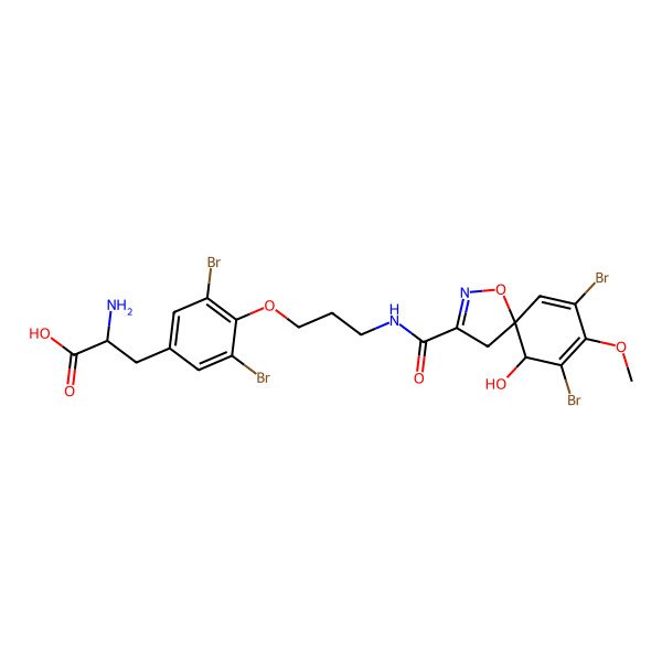 2D Structure of (2S)-2-amino-3-[3,5-dibromo-4-[3-[[(5S,6R)-7,9-dibromo-6-hydroxy-8-methoxy-1-oxa-2-azaspiro[4.5]deca-2,7,9-triene-3-carbonyl]amino]propoxy]phenyl]propanoic acid