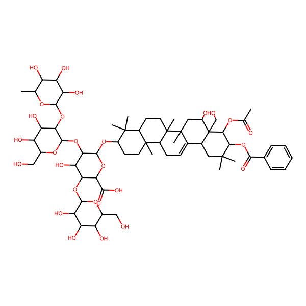 2D Structure of (2S,3S,4S,5R,6R)-6-[[(3S,4aR,6aR,6bS,8R,8aR,9R,10R,12aS,14aR,14bR)-9-acetyloxy-10-benzoyloxy-8-hydroxy-8a-(hydroxymethyl)-4,4,6a,6b,11,11,14b-heptamethyl-1,2,3,4a,5,6,7,8,9,10,12,12a,14,14a-tetradecahydropicen-3-yl]oxy]-5-[(2S,3R,4S,5R,6R)-4,5-dihydroxy-6-(hydroxymethyl)-3-[(2S,3R,4R,5R,6S)-3,4,5-trihydroxy-6-methyloxan-2-yl]oxyoxan-2-yl]oxy-4-hydroxy-3-[(2S,3R,4S,5S,6R)-3,4,5-trihydroxy-6-(hydroxymethyl)oxan-2-yl]oxyoxane-2-carboxylic acid