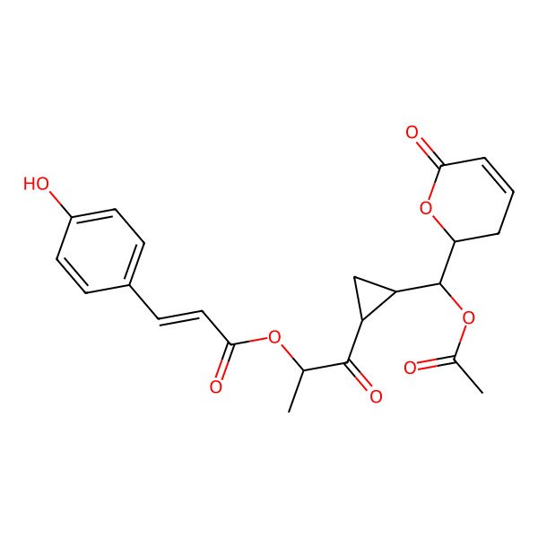 2D Structure of [(2R)-1-[(1S,2S)-2-[(S)-acetyloxy-[(2R)-6-oxo-2,3-dihydropyran-2-yl]methyl]cyclopropyl]-1-oxopropan-2-yl] (Z)-3-(4-hydroxyphenyl)prop-2-enoate