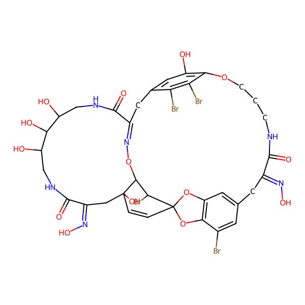 2D Structure of (1S,9E,21E,25R,26R,27R,31E,33S,36S,37S)-5,17,18,36-tetrabromo-25,26,27,33,41-pentahydroxy-9,31-bis(hydroxyimino)-2,15,38,43-tetraoxa-11,23,29,39-tetrazahexacyclo[19.14.4.216,19.11,4.13,7.033,37]tritetraconta-3,5,7(42),16(41),17,19(40),21(39),34-octaene-10,22,30-trione