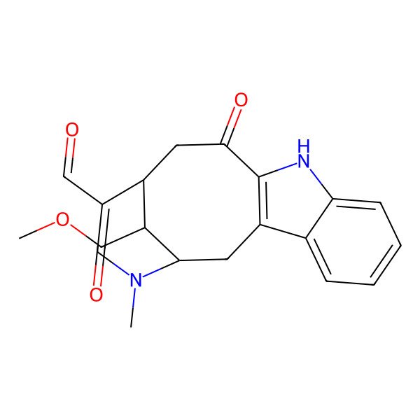 2D Structure of methyl (1S,14R,18S)-15-formyl-17-methyl-12-oxo-10,17-diazatetracyclo[12.3.1.03,11.04,9]octadeca-3(11),4,6,8,15-pentaene-18-carboxylate