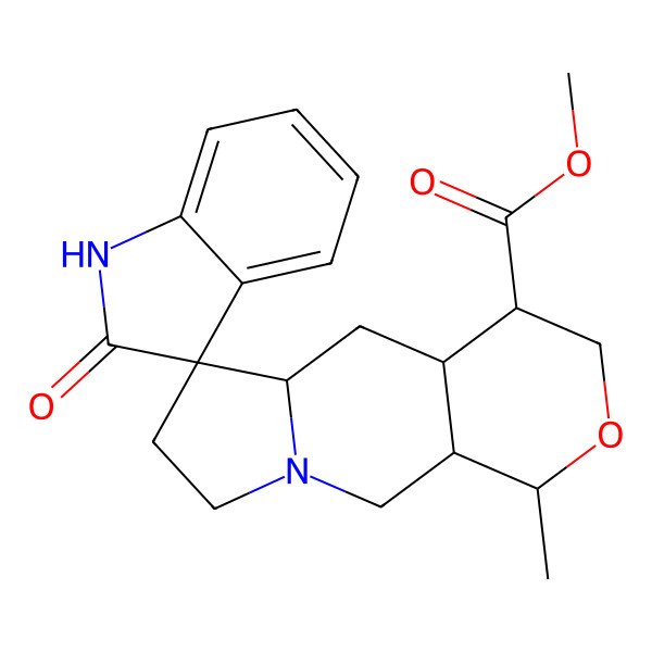 2D Structure of methyl (1S,4R,4aR,5aS,6R,10aS)-1-methyl-2'-oxospiro[1,3,4,4a,5,5a,7,8,10,10a-decahydropyrano[3,4-f]indolizine-6,3'-1H-indole]-4-carboxylate