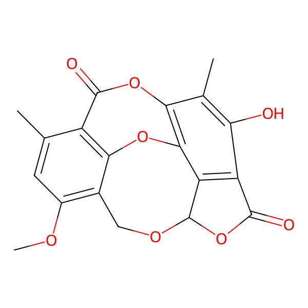 2D Structure of 5-Hydroxy-13-methoxy-6,11-dimethyl-2,8,16,19-tetraoxapentacyclo[12.4.2.04,18.07,17.010,15]icosa-4(18),5,7(17),10(15),11,13-hexaene-3,9-dione