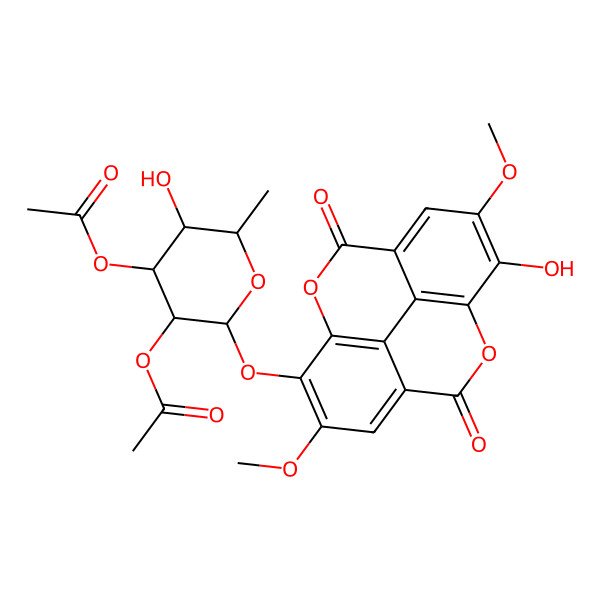 2D Structure of [3-Acetyloxy-5-hydroxy-2-[(14-hydroxy-6,13-dimethoxy-3,10-dioxo-2,9-dioxatetracyclo[6.6.2.04,16.011,15]hexadeca-1(15),4,6,8(16),11,13-hexaen-7-yl)oxy]-6-methyloxan-4-yl] acetate