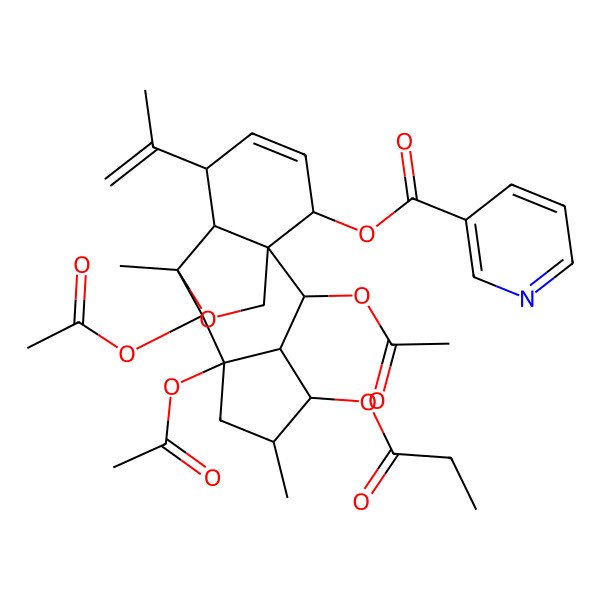 2D Structure of [(1S,2S,3S,4R,5R,7S,8S,9S,10S,11R,14S)-2,7,8-triacetyloxy-5,9-dimethyl-4-propanoyloxy-11-prop-1-en-2-yl-16-oxatetracyclo[7.5.2.01,10.03,7]hexadec-12-en-14-yl] pyridine-3-carboxylate