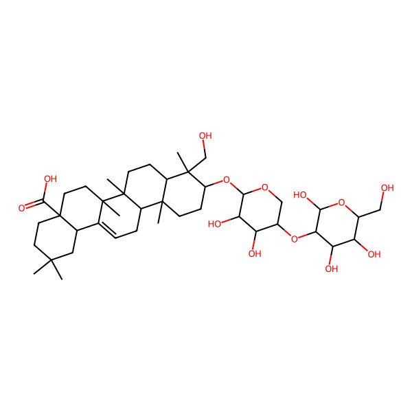 2D Structure of 10-[3,4-Dihydroxy-5-[2,4,5-trihydroxy-6-(hydroxymethyl)oxan-3-yl]oxyoxan-2-yl]oxy-9-(hydroxymethyl)-2,2,6a,6b,9,12a-hexamethyl-1,3,4,5,6,6a,7,8,8a,10,11,12,13,14b-tetradecahydropicene-4a-carboxylic acid