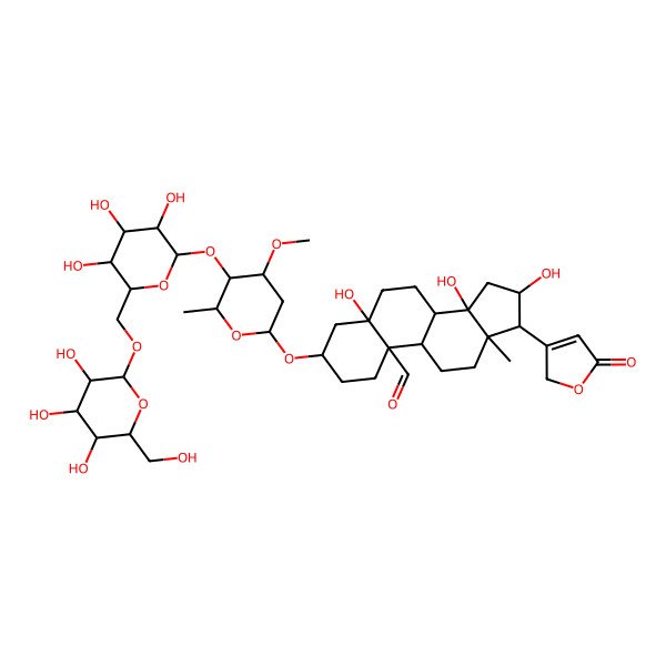 2D Structure of 5,14,16-trihydroxy-3-[4-methoxy-6-methyl-5-[3,4,5-trihydroxy-6-[[3,4,5-trihydroxy-6-(hydroxymethyl)oxan-2-yl]oxymethyl]oxan-2-yl]oxyoxan-2-yl]oxy-13-methyl-17-(5-oxo-2H-furan-3-yl)-2,3,4,6,7,8,9,11,12,15,16,17-dodecahydro-1H-cyclopenta[a]phenanthrene-10-carbaldehyde
