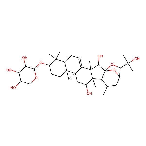 2D Structure of (2S,3R,4S,5S)-2-[[(1S,2R,3S,7R,9S,12R,14S,16R,17R,18R,19R,21R,22S)-2,16-dihydroxy-22-(2-hydroxypropan-2-yl)-3,8,8,17,19-pentamethyl-23,24-dioxaheptacyclo[19.2.1.01,18.03,17.04,14.07,12.012,14]tetracos-4-en-9-yl]oxy]oxane-3,4,5-triol