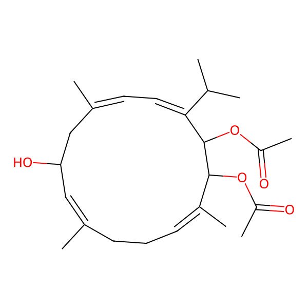 2D Structure of [(1R,2E,6E,8R,10E,12Z,14R)-14-acetyloxy-8-hydroxy-2,6,10-trimethyl-13-propan-2-ylcyclotetradeca-2,6,10,12-tetraen-1-yl] acetate