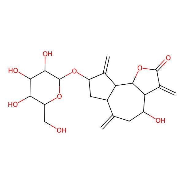 2D Structure of 4-Hydroxy-3,6,9-trimethylidene-8-[3,4,5-trihydroxy-6-(hydroxymethyl)oxan-2-yl]oxy-3a,4,5,6a,7,8,9a,9b-octahydroazuleno[4,5-b]furan-2-one