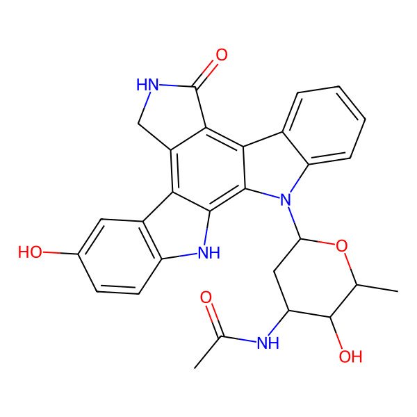 2D Structure of N-[3-hydroxy-6-(19-hydroxy-12-oxo-3,13,23-triazahexacyclo[14.7.0.02,10.04,9.011,15.017,22]tricosa-1,4,6,8,10,15,17(22),18,20-nonaen-3-yl)-2-methyloxan-4-yl]acetamide