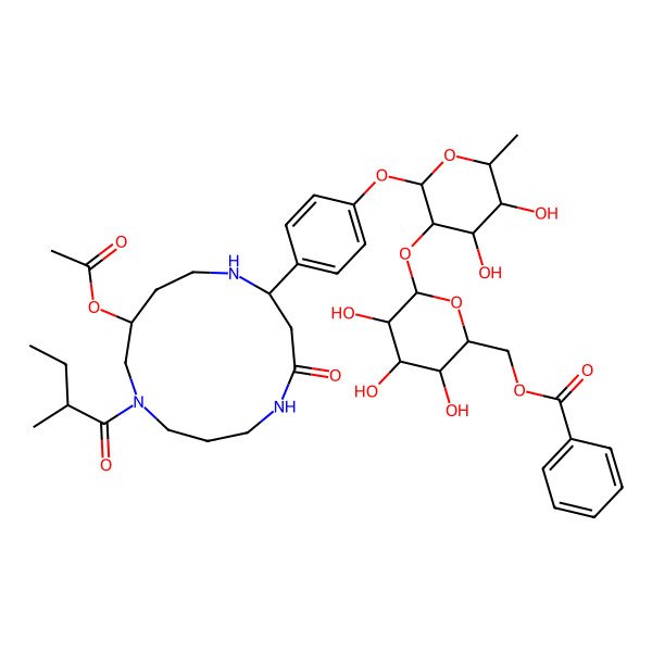 2D Structure of [6-[2-[4-[11-Acetyloxy-9-(2-methylbutanoyl)-4-oxo-1,5,9-triazacyclotridec-2-yl]phenoxy]-4,5-dihydroxy-6-methyloxan-3-yl]oxy-3,4,5-trihydroxyoxan-2-yl]methyl benzoate