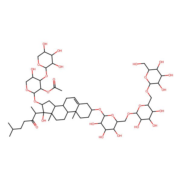 2D Structure of [(2S,3R,4S,5S)-5-hydroxy-2-[[(3S,8R,9S,10R,13S,14S,16S,17S)-17-hydroxy-10,13-dimethyl-17-[(2S)-6-methyl-3-oxoheptan-2-yl]-3-[(2R,3R,4S,5S,6R)-3,4,5-trihydroxy-6-[[(2R,3R,4S,5S,6R)-3,4,5-trihydroxy-6-[[(2R,3R,4S,5S,6R)-3,4,5-trihydroxy-6-(hydroxymethyl)oxan-2-yl]oxymethyl]oxan-2-yl]oxymethyl]oxan-2-yl]oxy-1,2,3,4,7,8,9,11,12,14,15,16-dodecahydrocyclopenta[a]phenanthren-16-yl]oxy]-4-[(2S,3R,4S,5R)-3,4,5-trihydroxyoxan-2-yl]oxyoxan-3-yl] acetate