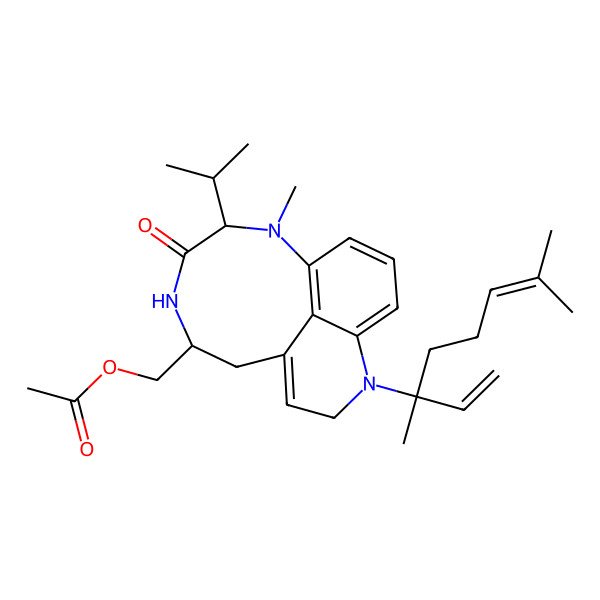 2D Structure of [4-(3,7-Dimethylocta-1,6-dien-3-yl)-10-methyl-12-oxo-11-propan-2-yl-4,10,13-triazatricyclo[7.6.1.05,16]hexadeca-1,5,7,9(16)-tetraen-14-yl]methyl acetate