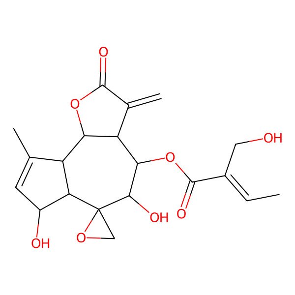 2D Structure of [(3aR,4S,5S,6R,6aS,7R,9aR,9bR)-5,7-dihydroxy-9-methyl-3-methylidene-2-oxospiro[4,5,6a,7,9a,9b-hexahydro-3aH-azuleno[4,5-b]furan-6,2'-oxirane]-4-yl] (E)-2-(hydroxymethyl)but-2-enoate