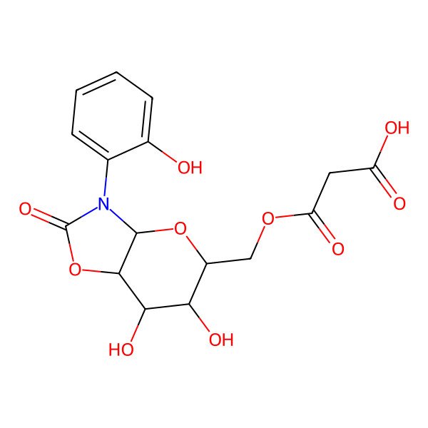 2D Structure of 3-[[6,7-dihydroxy-3-(2-hydroxyphenyl)-2-oxo-5,6,7,7a-tetrahydro-3aH-pyrano[2,3-d][1,3]oxazol-5-yl]methoxy]-3-oxopropanoic acid
