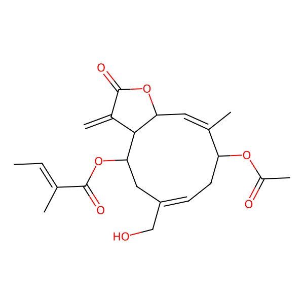 2D Structure of [9-Acetyloxy-6-(hydroxymethyl)-10-methyl-3-methylidene-2-oxo-3a,4,5,8,9,11a-hexahydrocyclodeca[b]furan-4-yl] 2-methylbut-2-enoate