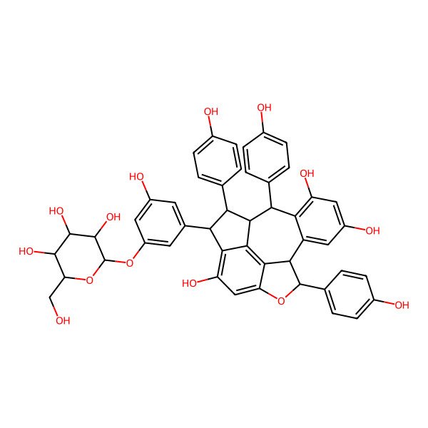 2D Structure of (1S,2S,3S,9S,10S,17R)-2,9,17-tris(4-hydroxyphenyl)-3-[3-hydroxy-5-[(2S,3R,4S,5S,6R)-3,4,5-trihydroxy-6-(hydroxymethyl)oxan-2-yl]oxyphenyl]-8-oxapentacyclo[8.7.2.04,18.07,19.011,16]nonadeca-4(18),5,7(19),11(16),12,14-hexaene-5,13,15-triol