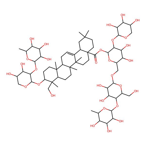 2D Structure of [6-[[3,4-Dihydroxy-6-(hydroxymethyl)-5-(3,4,5-trihydroxy-6-methyloxan-2-yl)oxyoxan-2-yl]oxymethyl]-4,5-dihydroxy-3-(3,4,5-trihydroxyoxan-2-yl)oxyoxan-2-yl] 10-[4,5-dihydroxy-3-(3,4,5-trihydroxy-6-methyloxan-2-yl)oxyoxan-2-yl]oxy-9-(hydroxymethyl)-2,2,6a,6b,9,12a-hexamethyl-1,3,4,5,6,6a,7,8,8a,10,11,12,13,14b-tetradecahydropicene-4a-carboxylate
