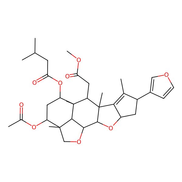 2D Structure of [14-Acetyloxy-6-(furan-3-yl)-10-(2-methoxy-2-oxoethyl)-7,9,11,15-tetramethyl-3,17-dioxapentacyclo[9.6.1.02,9.04,8.015,18]octadec-7-en-12-yl] 3-methylbutanoate