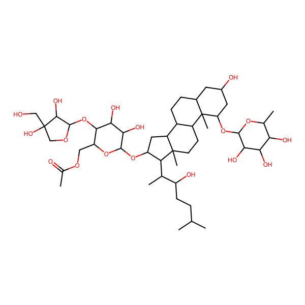 2D Structure of [3-[3,4-dihydroxy-4-(hydroxymethyl)oxolan-2-yl]oxy-4,5-dihydroxy-6-[[3-hydroxy-17-(3-hydroxy-6-methylheptan-2-yl)-10,13-dimethyl-1-(3,4,5-trihydroxy-6-methyloxan-2-yl)oxy-2,3,4,5,6,7,8,9,11,12,14,15,16,17-tetradecahydro-1H-cyclopenta[a]phenanthren-16-yl]oxy]oxan-2-yl]methyl acetate