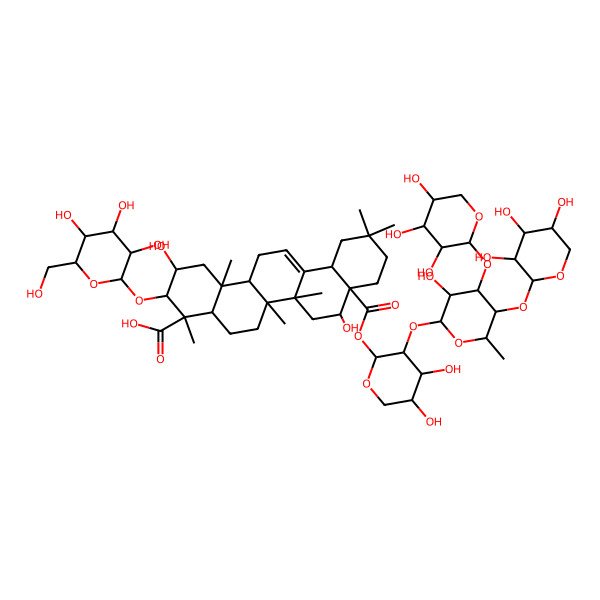 2D Structure of (2S,3R,4S,4aR,6aR,6bS,8R,8aR,12aS,14aR,14bR)-8a-[(2S,3R,4S,5S)-4,5-dihydroxy-3-[(2S,3R,4S,5S,6S)-3-hydroxy-6-methyl-5-[(2S,3R,4S,5R)-3,4,5-trihydroxyoxan-2-yl]oxy-4-[(2S,3R,4S,5S)-3,4,5-trihydroxyoxan-2-yl]oxyoxan-2-yl]oxyoxan-2-yl]oxycarbonyl-2,8-dihydroxy-4,6a,6b,11,11,14b-hexamethyl-3-[(2R,3R,4S,5S,6R)-3,4,5-trihydroxy-6-(hydroxymethyl)oxan-2-yl]oxy-1,2,3,4a,5,6,7,8,9,10,12,12a,14,14a-tetradecahydropicene-4-carboxylic acid