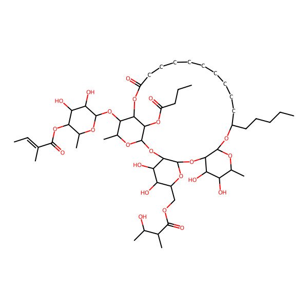 2D Structure of [33-Butanoyloxy-30-[3,4-dihydroxy-6-methyl-5-(2-methylbut-2-enoyloxy)oxan-2-yl]oxy-4,5,11,12-tetrahydroxy-13,31-dimethyl-27-oxo-17-pentyl-2,7,9,14,16,28,32-heptaoxatetracyclo[27.3.1.03,8.010,15]tritriacontan-6-yl]methyl 3-hydroxy-2-methylbutanoate