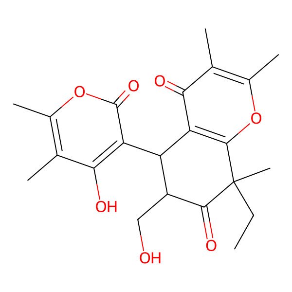 2D Structure of (5S,8R)-8-ethyl-5-(4-hydroxy-5,6-dimethyl-2-oxopyran-3-yl)-6-(hydroxymethyl)-2,3,8-trimethyl-5,6-dihydrochromene-4,7-dione