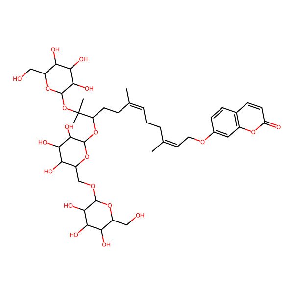 2D Structure of 7-[3,7,11-Trimethyl-11-[3,4,5-trihydroxy-6-(hydroxymethyl)oxan-2-yl]oxy-10-[3,4,5-trihydroxy-6-[[3,4,5-trihydroxy-6-(hydroxymethyl)oxan-2-yl]oxymethyl]oxan-2-yl]oxydodeca-2,6-dienoxy]chromen-2-one