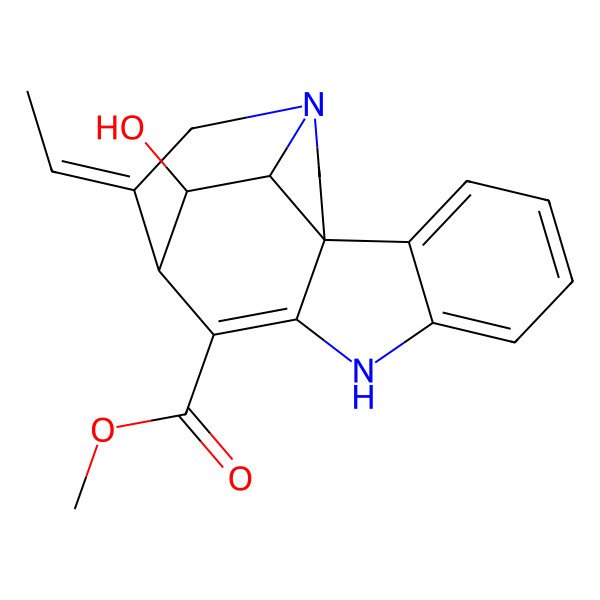 2D Structure of methyl (1S,11R,12E,17S,18R)-12-ethylidene-18-hydroxy-8,14-diazapentacyclo[9.5.2.01,9.02,7.014,17]octadeca-2,4,6,9-tetraene-10-carboxylate