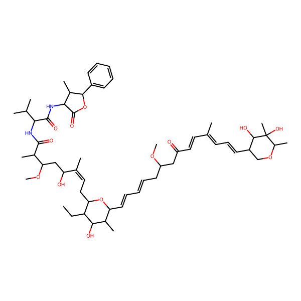 2D Structure of (E)-8-[(2R,3S,4S,5R,6S)-6-[(1E,3E,9E,11E,13E)-14-[(3S,4S,5S,6R)-4,5-dihydroxy-5,6-dimethyloxan-3-yl]-6-methoxy-11-methyl-8-oxotetradeca-1,3,9,11,13-pentaenyl]-3-ethyl-4-hydroxy-5-methyloxan-2-yl]-5-hydroxy-3-methoxy-2,6-dimethyl-N-[3-methyl-1-[[(3S,4S,5S)-4-methyl-2-oxo-5-phenyloxolan-3-yl]amino]-1-oxobutan-2-yl]oct-6-enamide