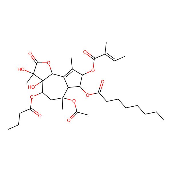 2D Structure of Octanoic acid [6-acetyloxy-3,3a-dihydroxy-3,6,9-trimethyl-8-(2-methyl-1-oxobut-2-enoxy)-2-oxo-4-(1-oxobutoxy)-4,5,6a,7,8,9b-hexahydroazuleno[4,5-b]furan-7-yl] ester