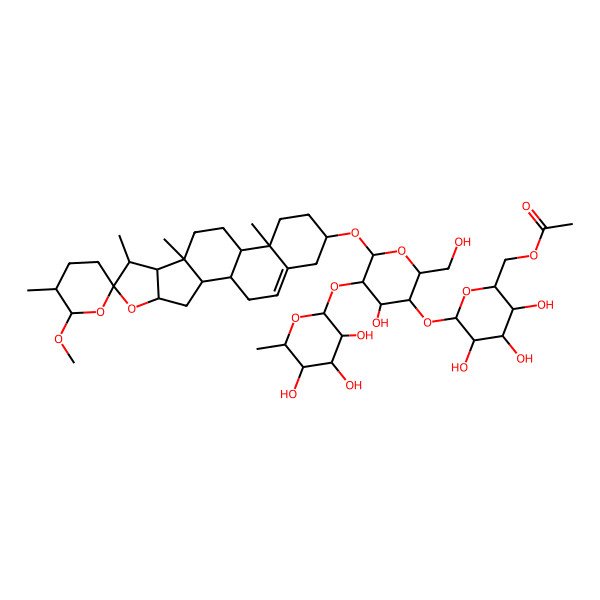 2D Structure of [(2R,3S,4S,5R,6S)-3,4,5-trihydroxy-6-[(2R,3S,4S,5R,6R)-4-hydroxy-2-(hydroxymethyl)-6-[(1S,2S,4S,5'R,6S,6'S,7S,8R,9S,12S,13R,16S)-6'-methoxy-5',7,9,13-tetramethylspiro[5-oxapentacyclo[10.8.0.02,9.04,8.013,18]icos-18-ene-6,2'-oxane]-16-yl]oxy-5-[(2S,3R,4R,5R,6S)-3,4,5-trihydroxy-6-methyloxan-2-yl]oxyoxan-3-yl]oxyoxan-2-yl]methyl acetate