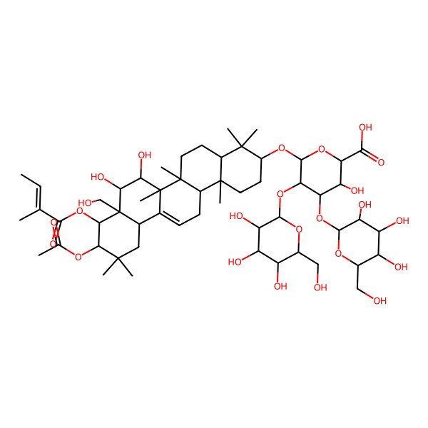 2D Structure of (2S,3S,4S,5R,6R)-6-[[(3S,4aR,6aR,6bS,7R,8S,8aR,9R,10R,12aS,14aR,14bR)-10-acetyloxy-7,8-dihydroxy-8a-(hydroxymethyl)-4,4,6a,6b,11,11,14b-heptamethyl-9-[(Z)-2-methylbut-2-enoyl]oxy-1,2,3,4a,5,6,7,8,9,10,12,12a,14,14a-tetradecahydropicen-3-yl]oxy]-3-hydroxy-4-[(2S,3R,4S,5R,6R)-3,4,5-trihydroxy-6-(hydroxymethyl)oxan-2-yl]oxy-5-[(2S,3R,4S,5S,6R)-3,4,5-trihydroxy-6-(hydroxymethyl)oxan-2-yl]oxyoxane-2-carboxylic acid