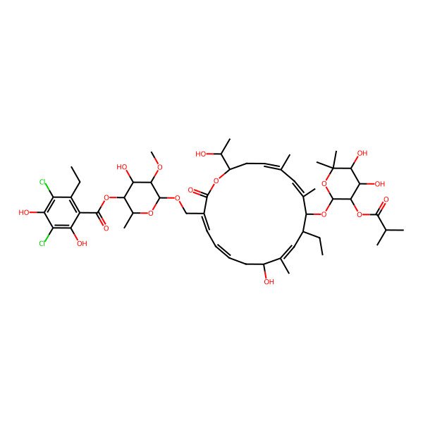 2D Structure of [(2R,3R,4R,5S,6S)-6-[[(3Z,5E,8R,9E,11R,12R,13E,15E,18S)-12-[(2R,3S,4S,5S)-4,5-dihydroxy-6,6-dimethyl-3-(2-methylpropanoyloxy)oxan-2-yl]oxy-11-ethyl-8-hydroxy-18-[(1R)-1-hydroxyethyl]-9,13,15-trimethyl-2-oxo-1-oxacyclooctadeca-3,5,9,13,15-pentaen-3-yl]methoxy]-4-hydroxy-5-methoxy-2-methyloxan-3-yl] 3,5-dichloro-2-ethyl-4,6-dihydroxybenzoate