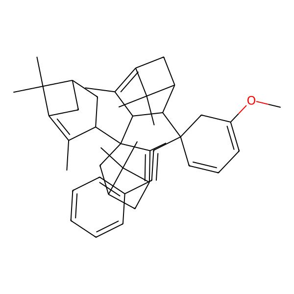 2D Structure of 3-[4-[5-Methoxy-1-(2-phenylethenyl)cyclohexa-2,4-dien-1-yl]-2,6,6-trimethyl-3-bicyclo[3.1.1]hept-1-enyl]-2,6,6-trimethyl-3-(2,6,6-trimethyl-3-bicyclo[3.1.1]hept-1-enyl)bicyclo[3.1.1]hept-1-ene