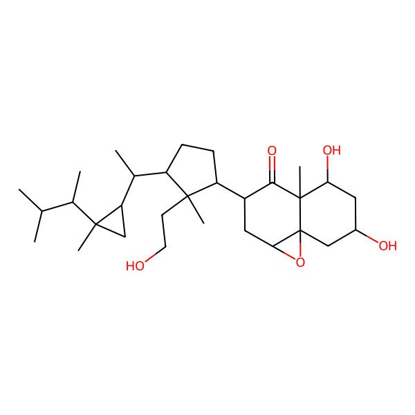 2D Structure of (1aS,3S,4aS,5R,7S,8aR)-5,7-dihydroxy-3-[(1S,2R,3R)-2-(2-hydroxyethyl)-2-methyl-3-[(1S)-1-[(1R,2S)-2-methyl-2-[(2R)-3-methylbutan-2-yl]cyclopropyl]ethyl]cyclopentyl]-4a-methyl-2,3,5,6,7,8-hexahydro-1aH-naphtho[4,4a-b]oxiren-4-one