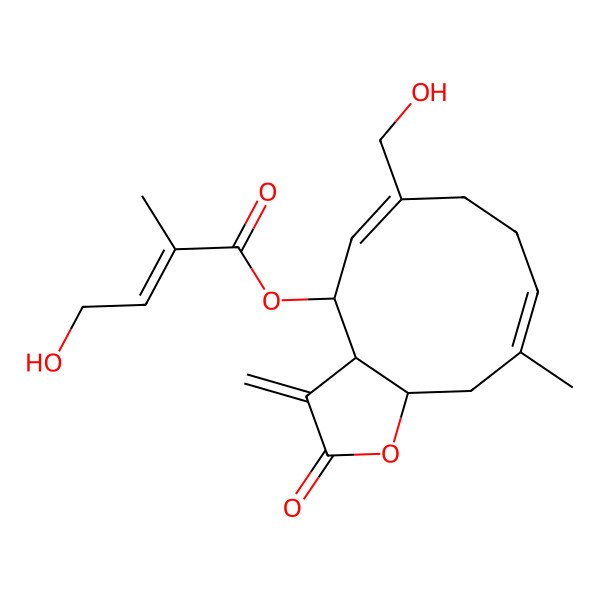 2D Structure of [6-(Hydroxymethyl)-10-methyl-3-methylidene-2-oxo-3a,4,7,8,11,11a-hexahydrocyclodeca[b]furan-4-yl] 4-hydroxy-2-methylbut-2-enoate