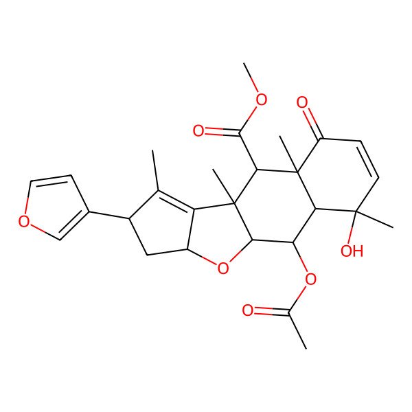 2D Structure of methyl (1S,2R,3S,4R,8S,9S,10R,13R,15R)-2-acetyloxy-13-(furan-3-yl)-4-hydroxy-4,8,10,12-tetramethyl-7-oxo-16-oxatetracyclo[8.6.0.03,8.011,15]hexadeca-5,11-diene-9-carboxylate