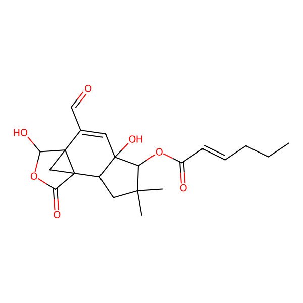 2D Structure of [(1S,2R,5S,6R,9R,10R)-8-formyl-6,10-dihydroxy-4,4-dimethyl-12-oxo-11-oxatetracyclo[7.3.1.01,9.02,6]tridec-7-en-5-yl] (Z)-hex-2-enoate