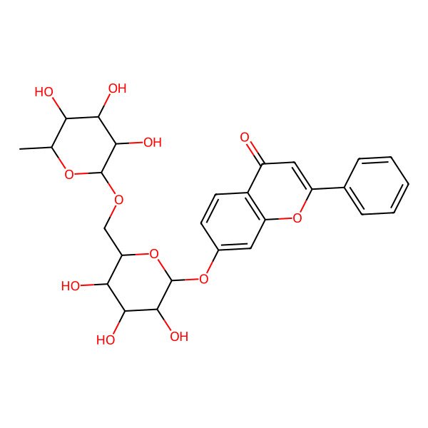 2D Structure of 2-phenyl-7-[(2S,3R,4S,5S,6R)-3,4,5-trihydroxy-6-[[(2R,3R,4R,5R,6S)-3,4,5-trihydroxy-6-methyloxan-2-yl]oxymethyl]oxan-2-yl]oxychromen-4-one