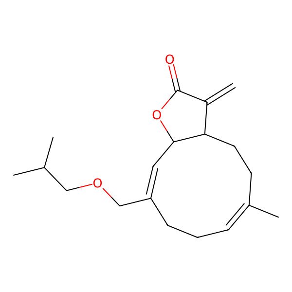 2D Structure of (3aS,6E,10Z,11aR)-6-methyl-3-methylidene-10-(2-methylpropoxymethyl)-3a,4,5,8,9,11a-hexahydrocyclodeca[b]furan-2-one