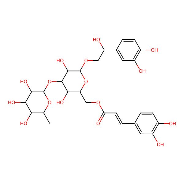 2D Structure of [(2R,3R,4S,5R,6R)-6-[(2R)-2-(3,4-dihydroxyphenyl)-2-hydroxyethoxy]-3,5-dihydroxy-4-[(2S,3R,4R,5R,6S)-3,4,5-trihydroxy-6-methyloxan-2-yl]oxyoxan-2-yl]methyl (E)-3-(3,4-dihydroxyphenyl)prop-2-enoate