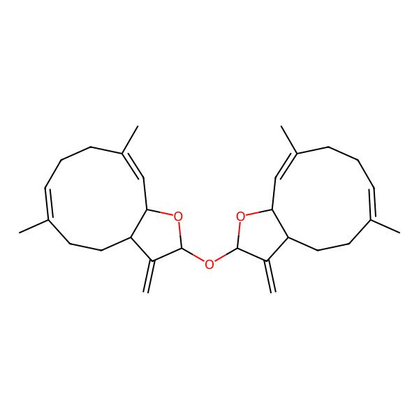 2D Structure of 2-[(6,10-Dimethyl-3-methylidene-3a,4,5,8,9,11a-hexahydrocyclodeca[b]furan-2-yl)oxy]-6,10-dimethyl-3-methylidene-3a,4,5,8,9,11a-hexahydrocyclodeca[b]furan