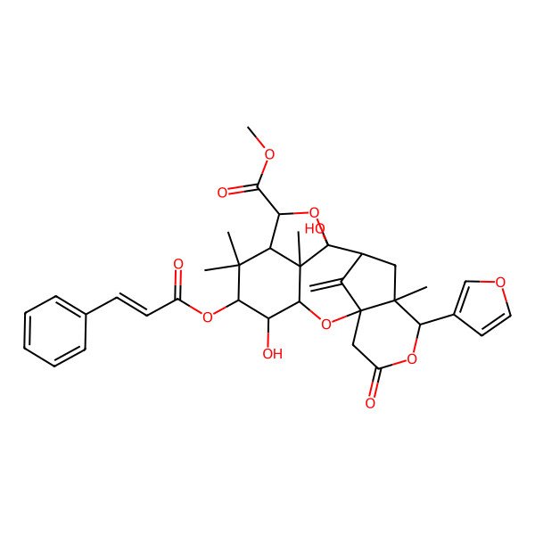 2D Structure of methyl (1S,3R,4R,5S,7S,8R,10R,11S,13S,14S,19R)-14-(furan-3-yl)-4,10-dihydroxy-6,6,13,19-tetramethyl-18-methylidene-16-oxo-5-[(E)-3-phenylprop-2-enoyl]oxy-2,9,15-trioxapentacyclo[9.6.1.13,7.01,13.010,19]nonadecane-8-carboxylate