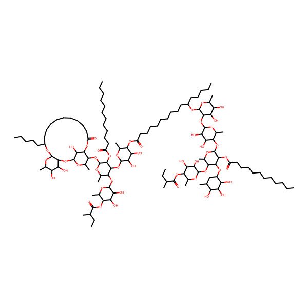 2D Structure of [(2S,3R,4S,5R,6S)-6-[(2S,3S,4R,5R,6S)-3-[(2S,3R,4S,5S,6S)-3,4-dihydroxy-6-methyl-5-[(2R)-2-methylbutanoyl]oxyoxan-2-yl]oxy-5-dodecanoyloxy-2-methyl-6-[[(1S,3R,4S,5R,6R,8R,10S,22S,23S,24S,26R)-4,5,26-trihydroxy-6,24-dimethyl-20-oxo-10-pentyl-2,7,9,21,25-pentaoxatricyclo[20.3.1.03,8]hexacosan-23-yl]oxy]oxan-4-yl]oxy-4,5-dihydroxy-2-methyloxan-3-yl] (11S)-11-[(2R,3R,4S,5R,6R)-3-[(2S,3R,4S,5R,6S)-5-[(2S,3R,4R,5S,6S)-5-[(2S,3R,4S,5R,6S)-3,4-dihydroxy-6-methyl-5-[(2R)-2-methylbutanoyl]oxyoxan-2-yl]oxy-3-dodecanoyloxy-6-methyl-4-[(1R,2R,3R,4S,5R)-2,3,4-trihydroxy-5-methylcyclohexyl]oxyoxan-2-yl]oxy-3,4-dihydroxy-6-methyloxan-2-yl]oxy-4,5-dihydroxy-6-methyloxan-2-yl]oxyhexadecanoate