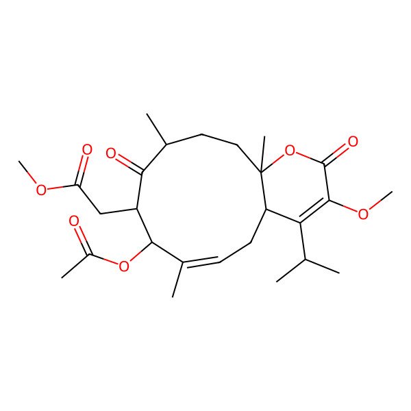 2D Structure of Methyl 2-(5-acetyloxy-14-methoxy-4,8,11-trimethyl-7,13-dioxo-15-propan-2-yl-12-oxabicyclo[9.4.0]pentadeca-3,14-dien-6-yl)acetate