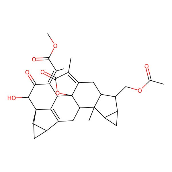 2D Structure of Methyl 2-[9-(acetyloxymethyl)-21-hydroxy-5,13,20-trimethyl-4,22-dioxo-3-oxaoctacyclo[14.7.1.02,6.02,14.08,13.010,12.017,19.020,24]tetracosa-5,16(24)-dien-23-ylidene]propanoate