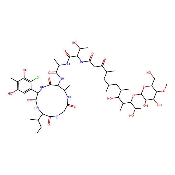 2D Structure of N-[1-[[1-[[5-butan-2-yl-2-(2-chloro-3,5-dihydroxy-4-methylphenyl)-11-methyl-3,6,9,13-tetraoxo-1,4,7,10-tetrazacyclotridec-12-yl]amino]-1-oxopropan-2-yl]amino]-3-hydroxy-1-oxobutan-2-yl]-11-[3,4-dihydroxy-6-(hydroxymethyl)-5-methoxyoxan-2-yl]oxy-9,12-dihydroxy-4,6,8,10-tetramethyl-3-oxotridecanamide